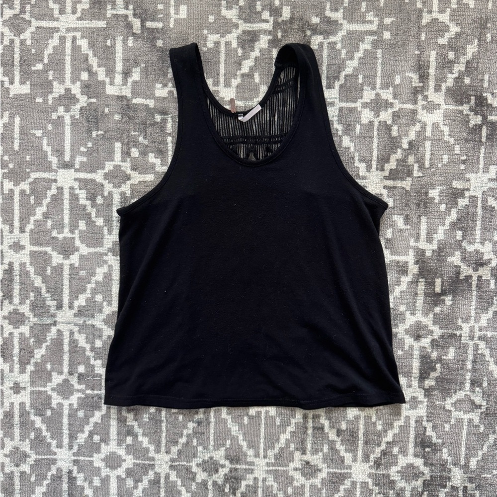 poof! S Black Knit swing Top Cotton ladder crochet open back detail in back